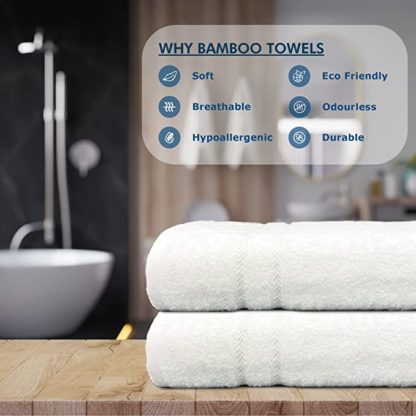 Bamboo Large Bath Towel Set- 2 White Super Absorbent Bathroom Towels- 70% Bamboo And 30% Cotton - 550 GSM - Quick Dry Germ Free Bamboo Bath Towels - Image 5